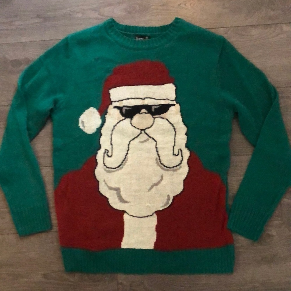 Ugly Christmas sweater glasses Santa green red